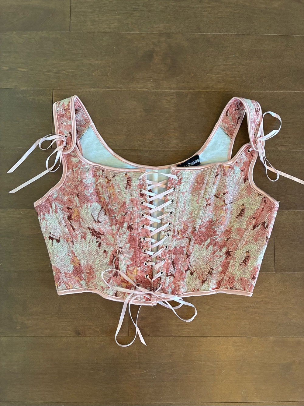 NWT Pink Floral Lace-Up Corset Crop Top with Tie Straps